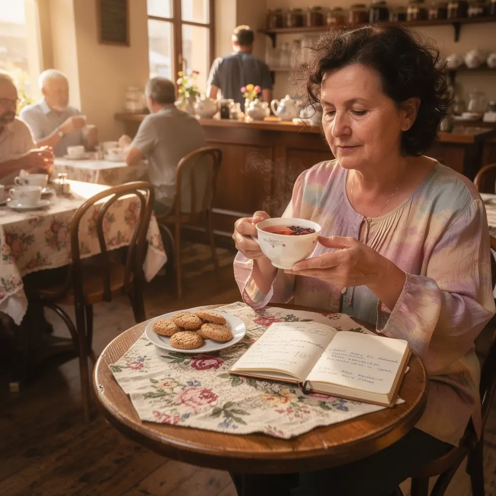 Csendes reggel, egy csésze tea mellett elhelyezett fűszernövények.